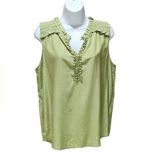 Wit & Wisdom Frill Detail Sleeveless Top Ruffle Shoulder Split Neck Color Kiwi S